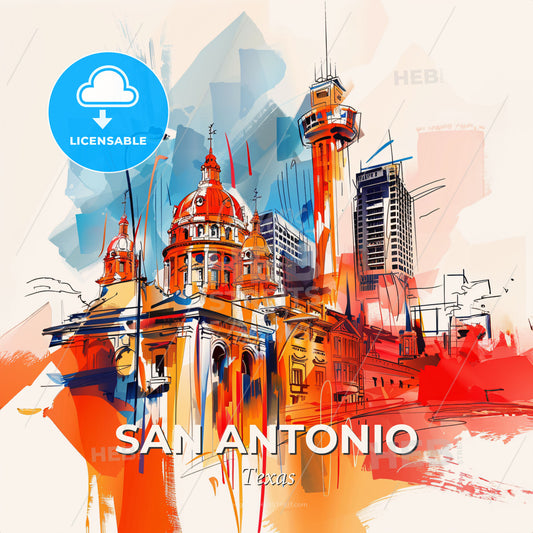Vibrant San Antonio, Texas - A Colorful Cityscape With Buildings And A Tower - Square format print template