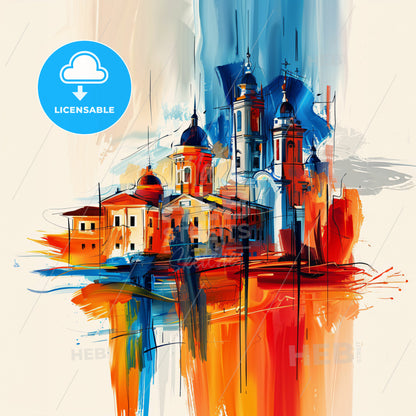 Vibrant San Blas, Spain - A Painting Of A Building With Towers And A Blue And Orange Background