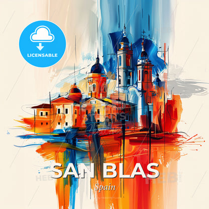 Vibrant San Blas, Spain - A Painting Of A Building With Towers And A Blue And Orange Background - Square format print template