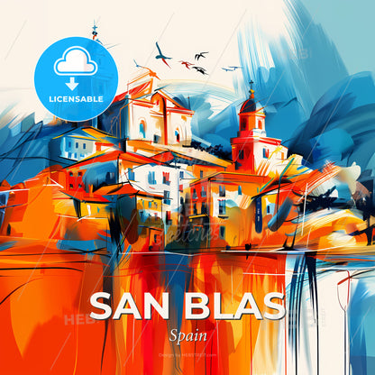 Vibrant San Blas, Spain - A Painting Of A Building With Birds Flying - Square format print template