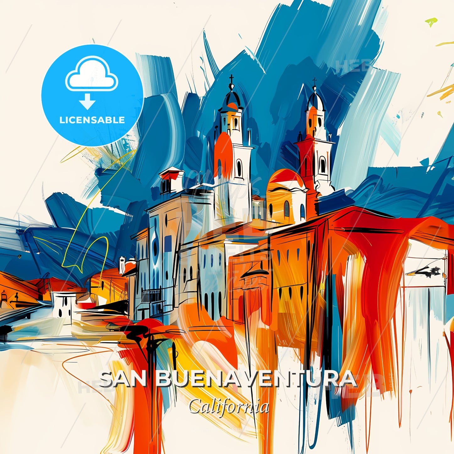 Vibrant San Buenaventura, California - A Painting Of A City - Square format print template