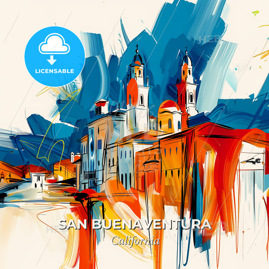 Vibrant San Buenaventura, California - A Painting Of A City - Square format print template