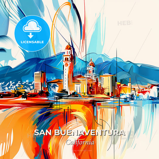 Vibrant San Buenaventura, California - A Painting Of A City - Square format print template