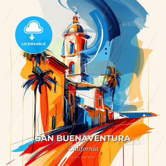 Vibrant San Buenaventura, California - A Painting Of A Building With Palm Trees - Square format print template