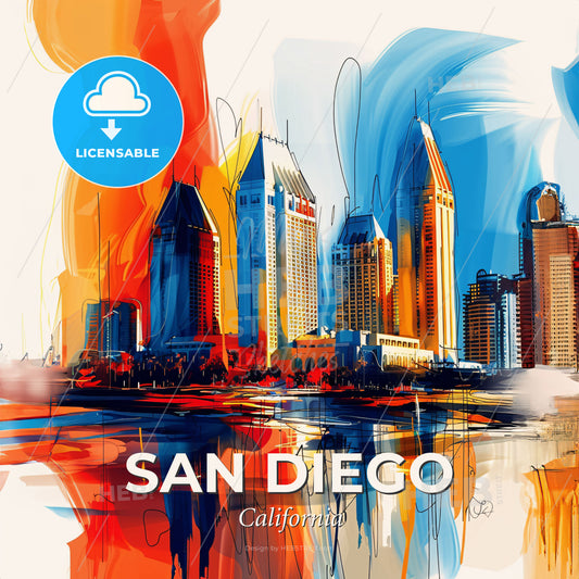 Vibrant San Diego, California - A Painting Of A City - Square format print template