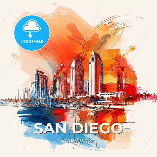 Vibrant San Diego, California - A Painting Of A City - Square format print template