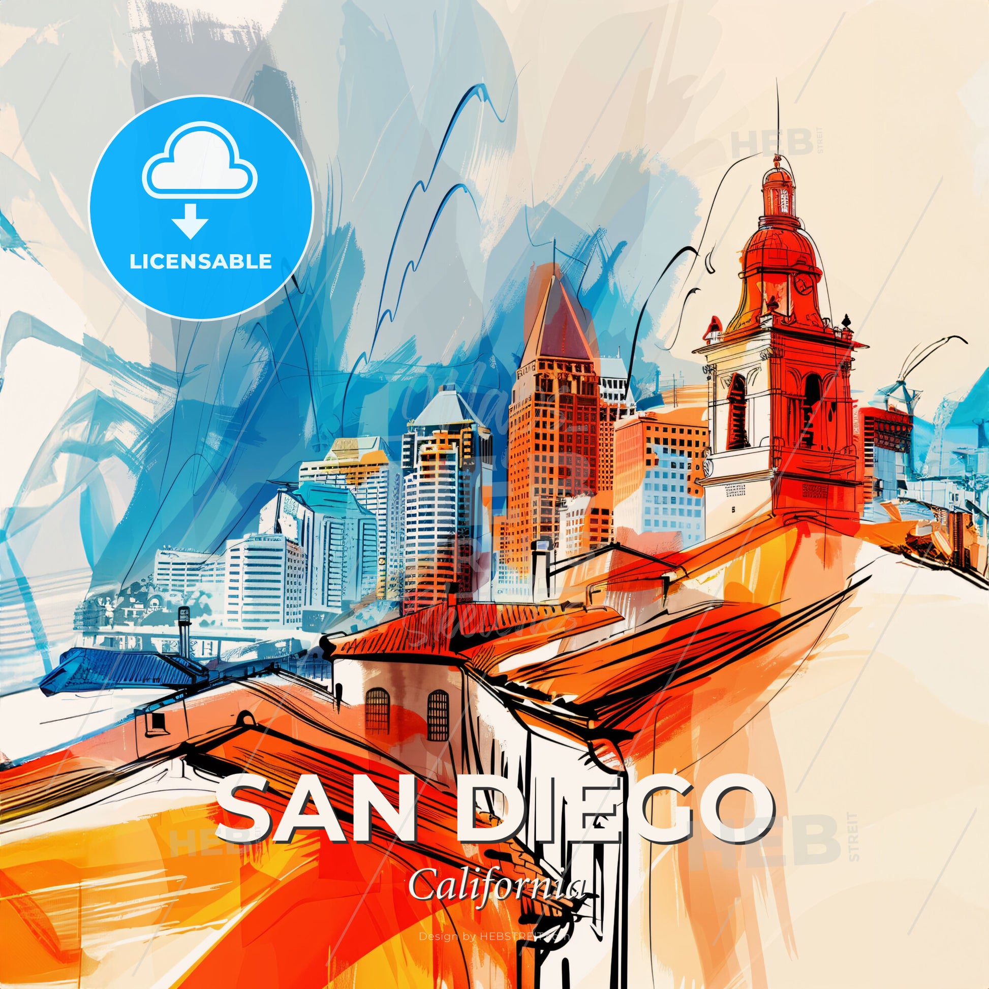 Vibrant San Diego, California - A Painting Of A City - Square format print template