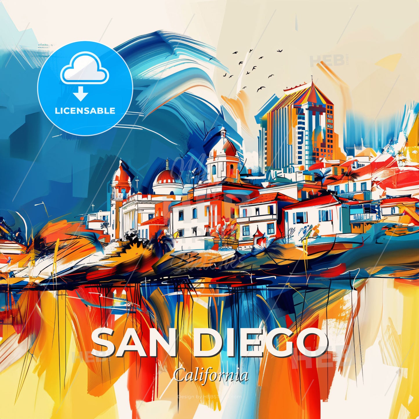 Vibrant San Diego, California - A Painting Of A City - Square format print template