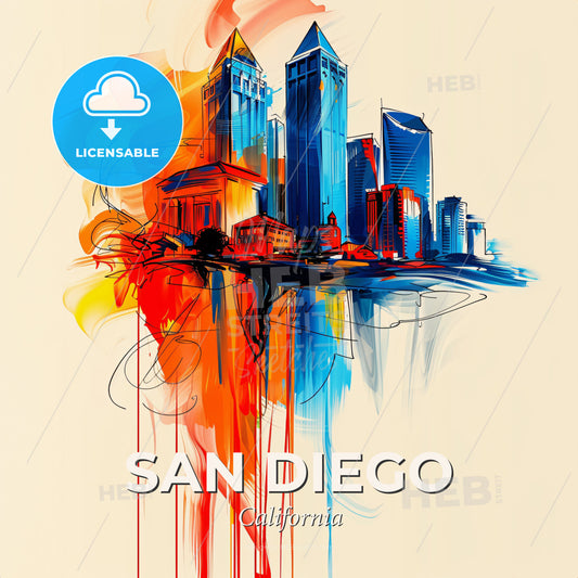 Vibrant San Diego, California - A Colorful Cityscape With Buildings And A Red And Blue Paint Splash - Square format print template
