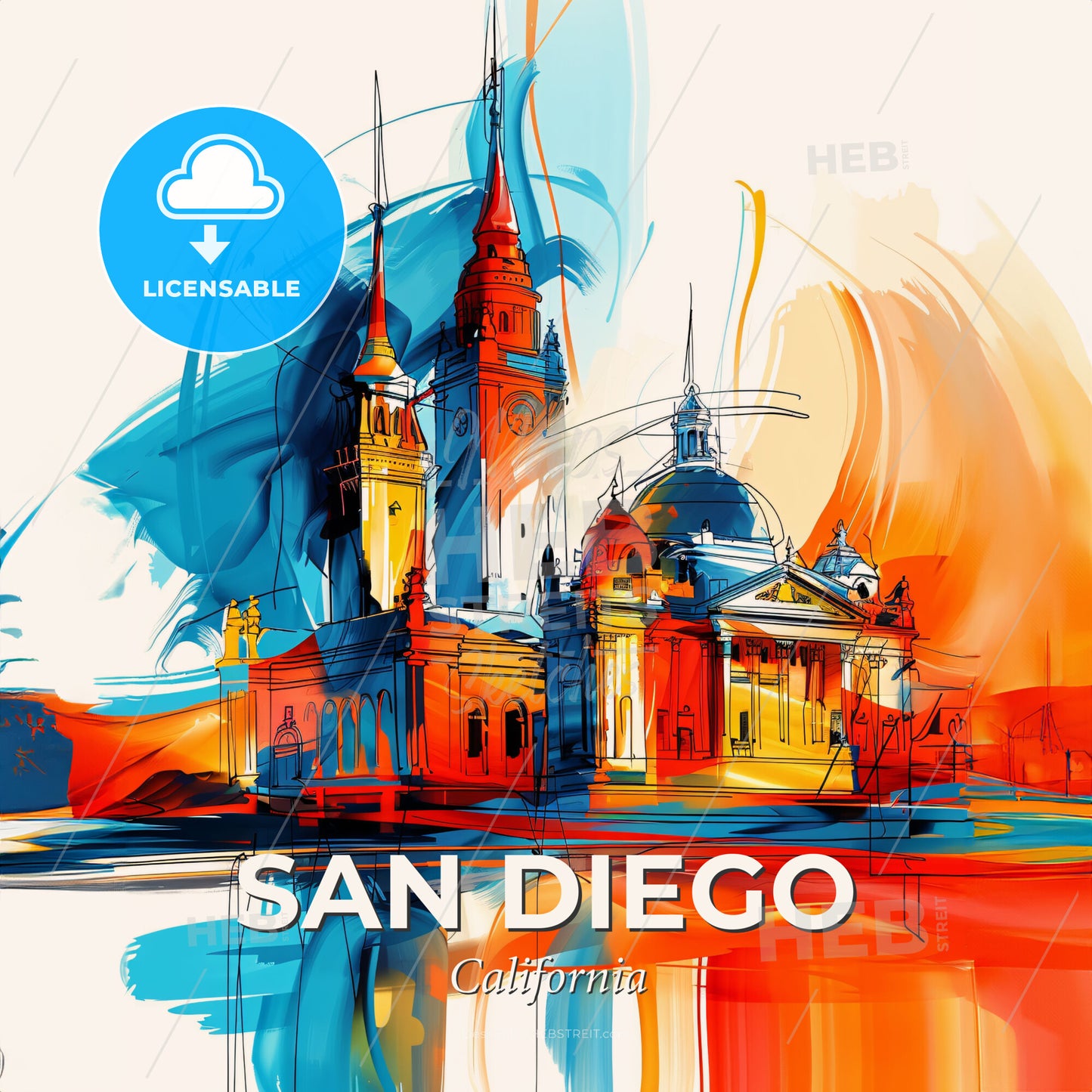 Vibrant San Diego, California - A Painting Of A Building With Towers And Spires - Square format print template