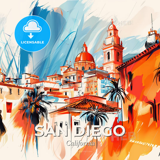 Vibrant San Diego, California - A Painting Of A Building With Palm Trees - Square format print template