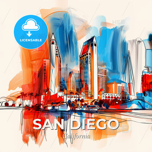 Vibrant San Diego, California - A Colorful Cityscape With Buildings And Boats - Square format print template