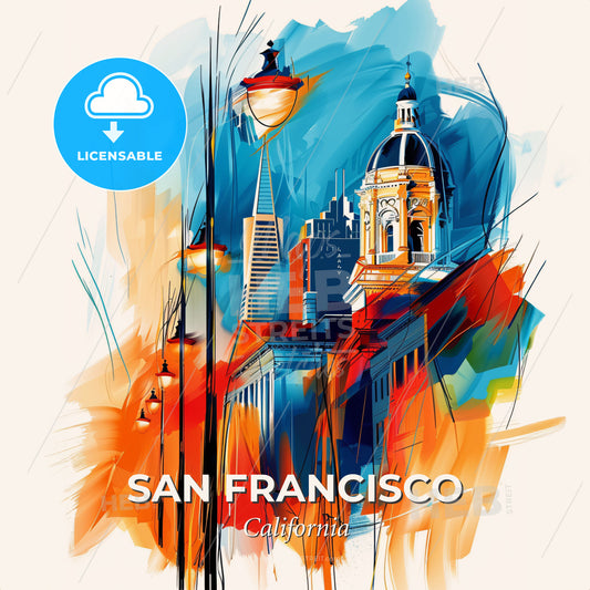Vibrant San Francisco, California - A Painting Of A Building With A Dome And A Street Light - Square format print template