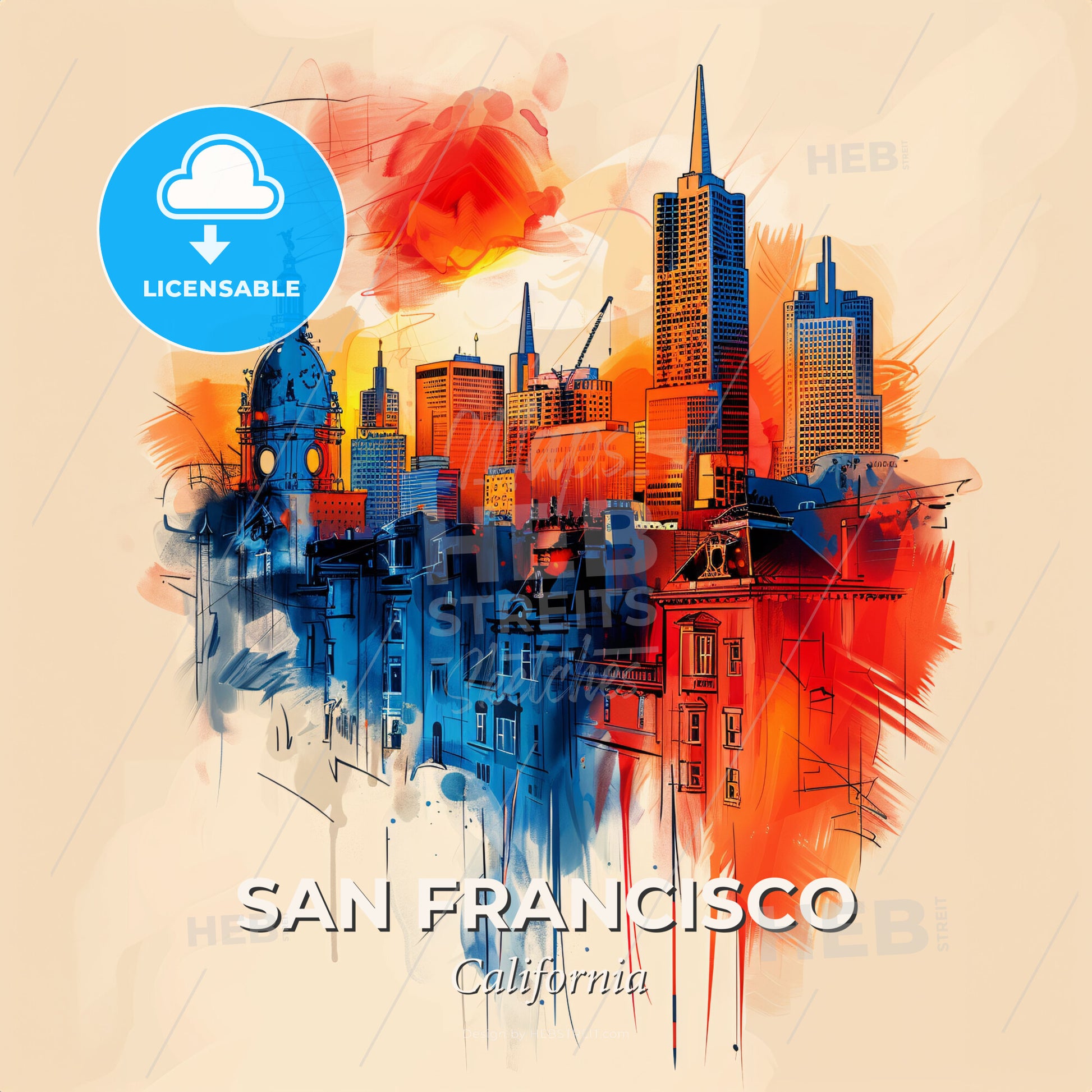 Vibrant San Francisco, California - A Painting Of A City - Square format print template