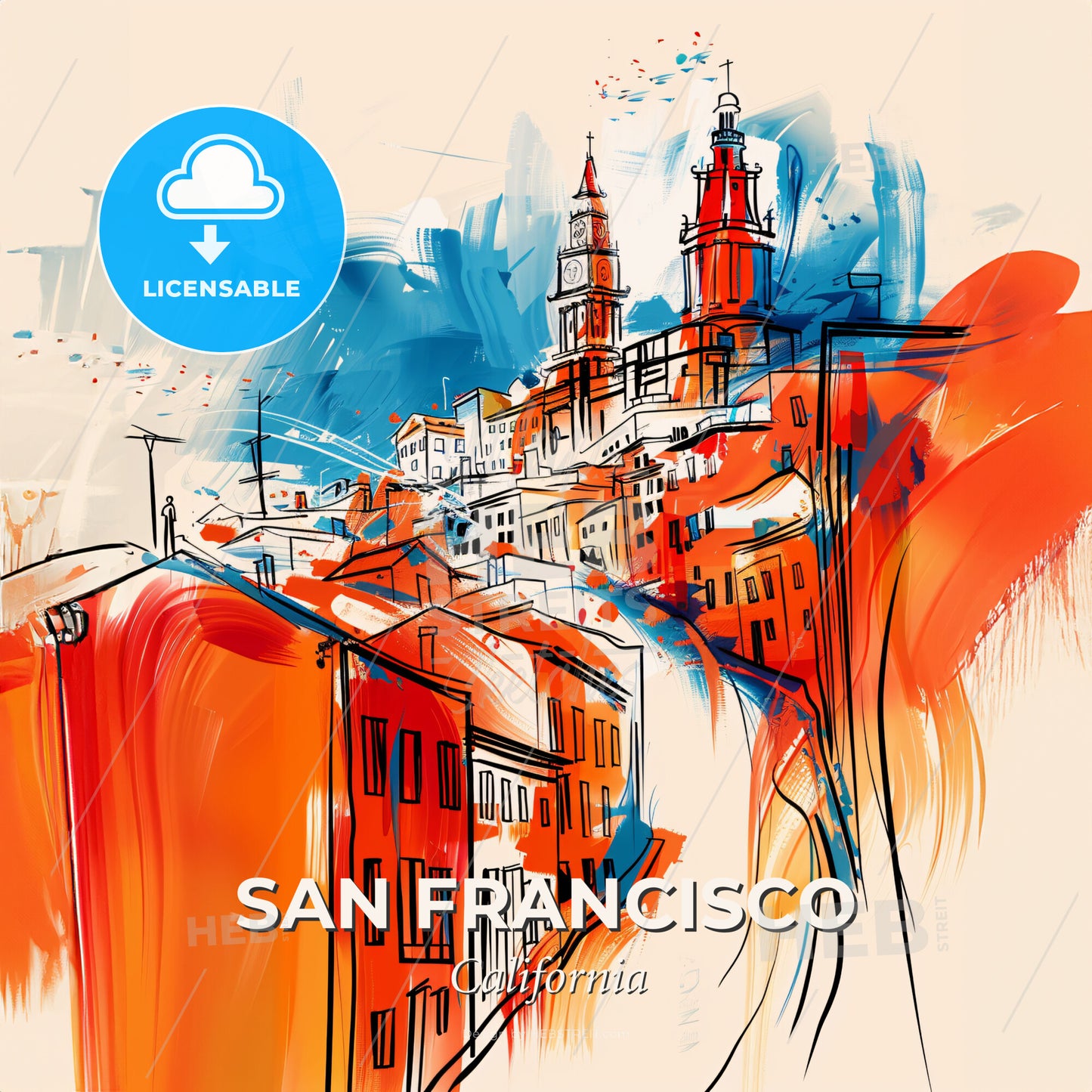 Vibrant San Francisco, California - A Drawing Of A City - Square format print template