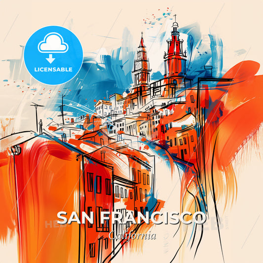 Vibrant San Francisco, California - A Drawing Of A City - Square format print template
