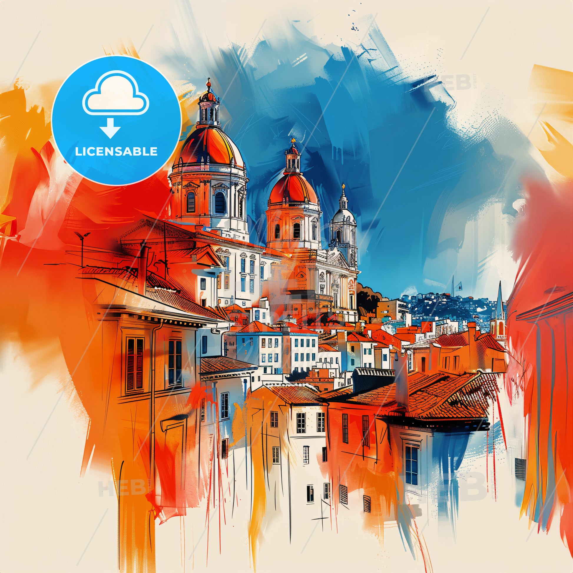 Vibrant San Francisco, California - A Painting Of A City With Buildings And Domes