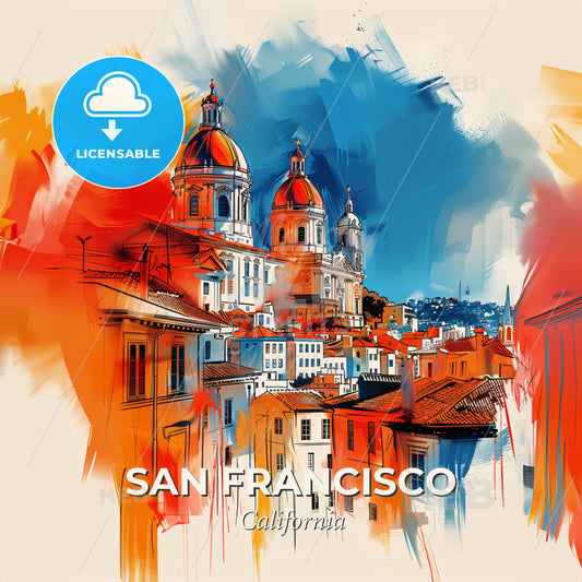 Vibrant San Francisco, California - A Painting Of A City With Buildings And Domes - Square format print template