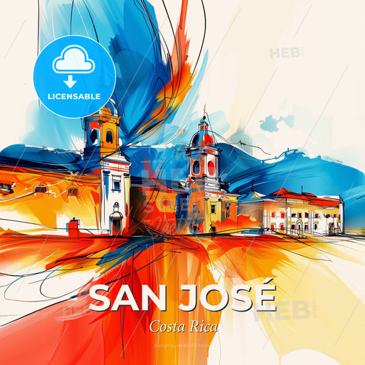 Vibrant San José, Costa Rica - A Painting Of A Building With Towers - Square format print template