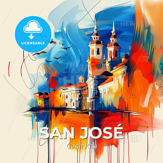 Vibrant San José, Costa Rica - A Painting Of A Building With A Clock Tower - Square format print template