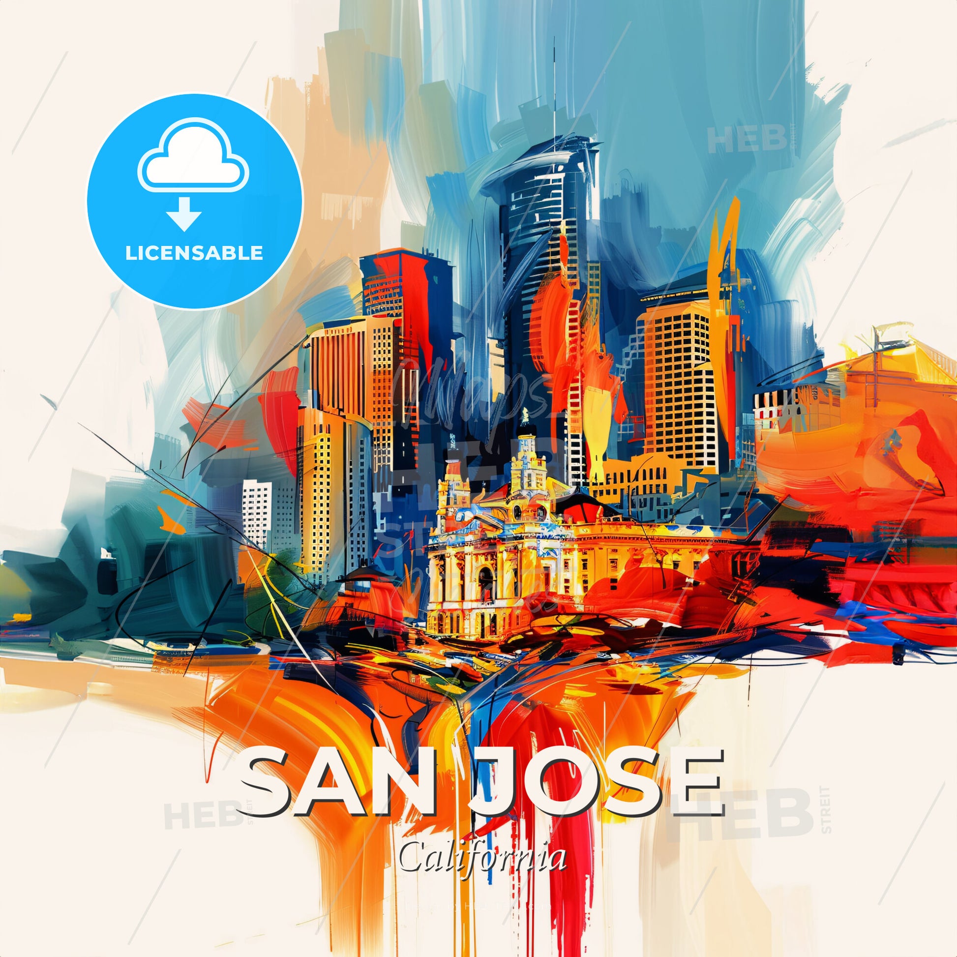 Vibrant San Jose, California - A Painting Of A City - Square format print template