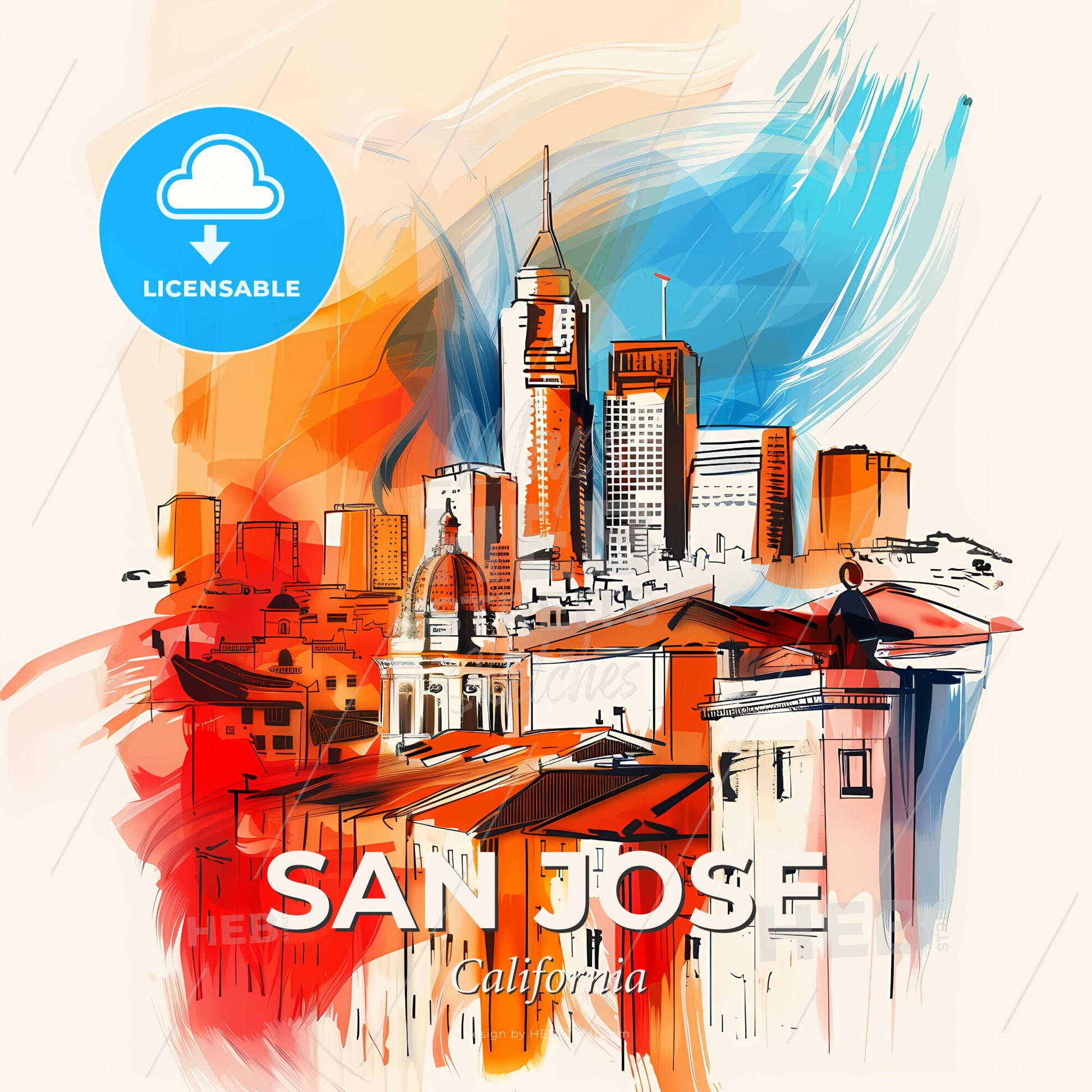 Vibrant San Jose, California - A Painting Of A City - Square format print template