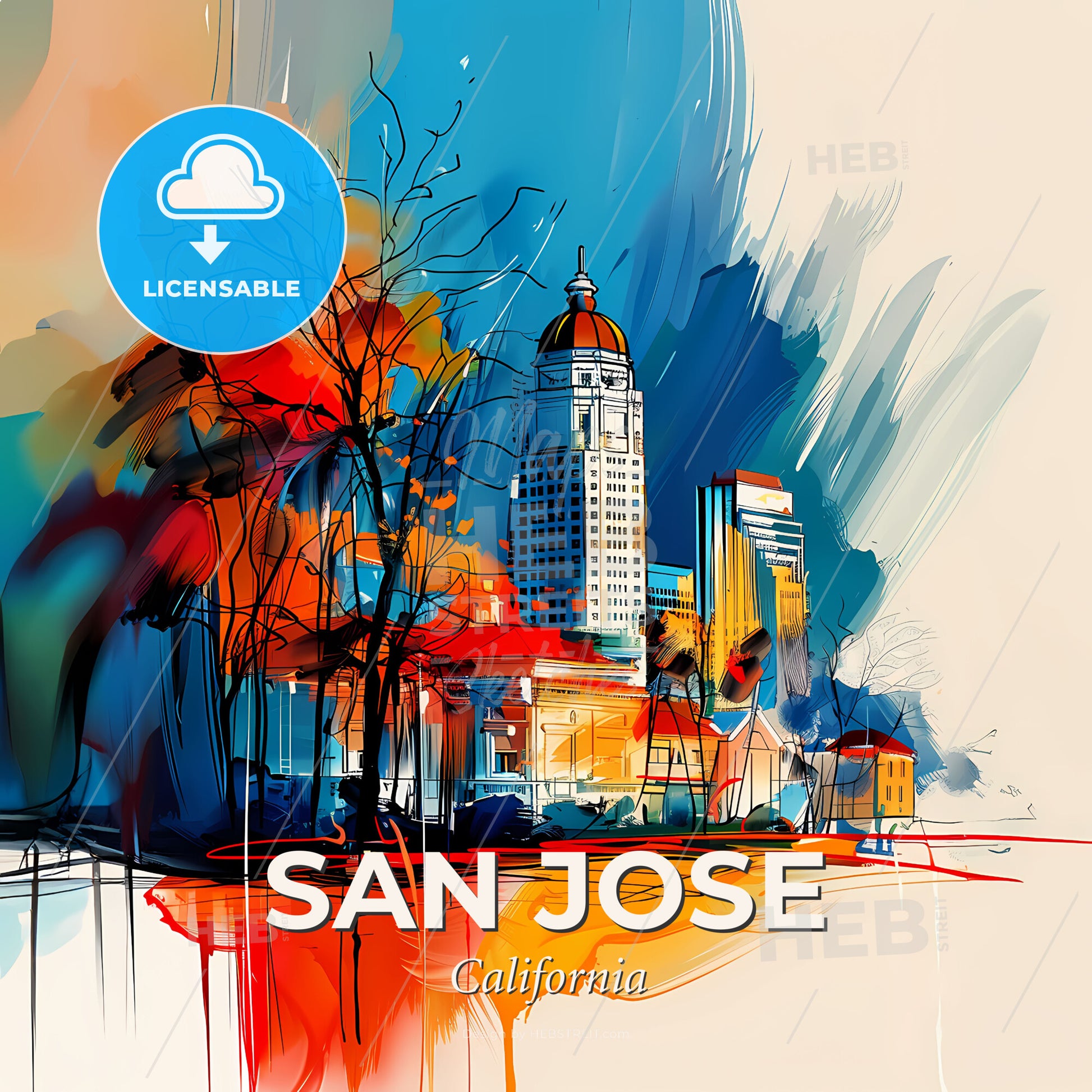 Vibrant San Jose, California - A Painting Of A City - Square format print template