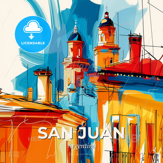 Vibrant San Juan, Argentina - A Painting Of Buildings With Towers And A Balcony - Square format print template