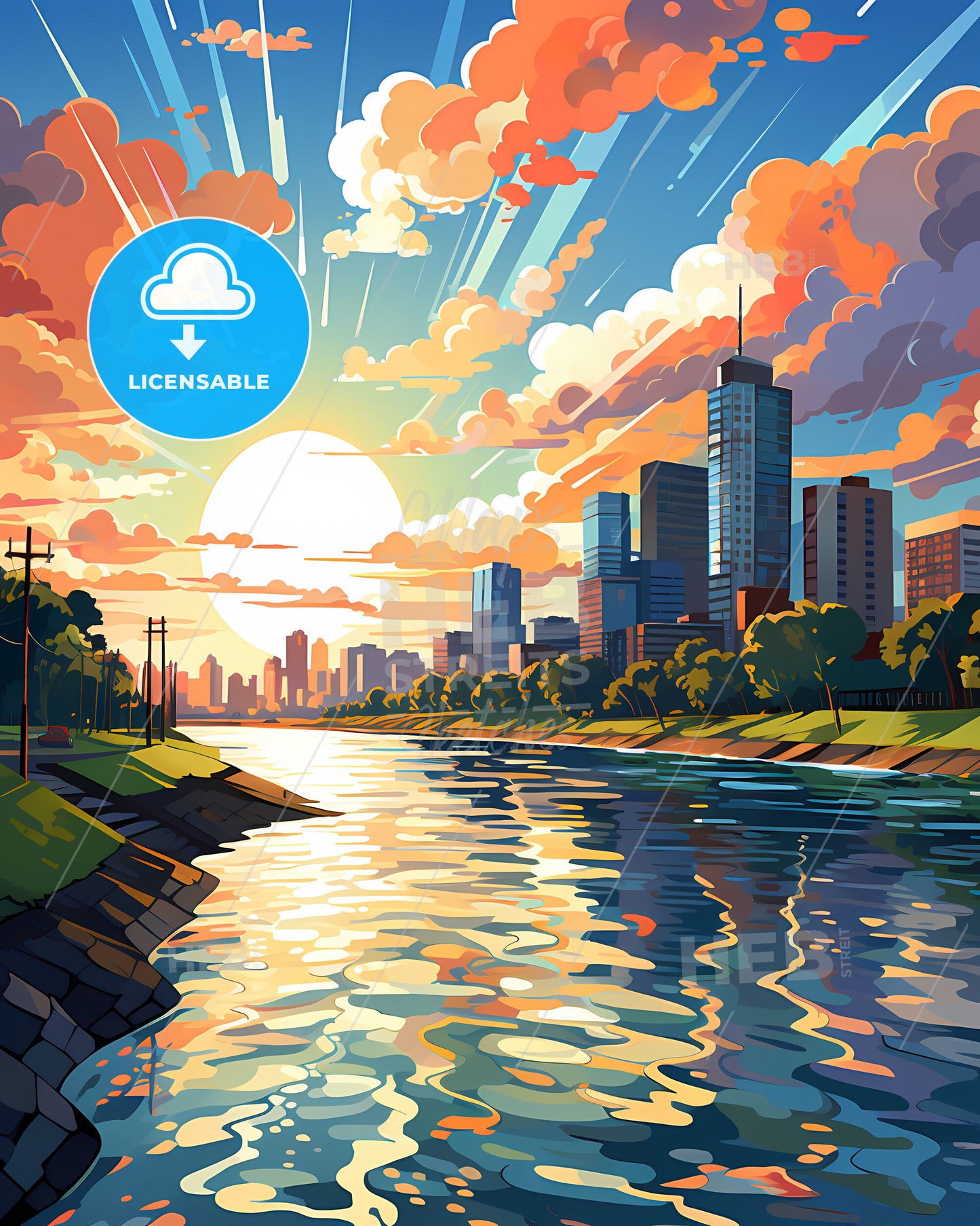 Vibrant Painting of San Juan Argentina City Skyline on a River