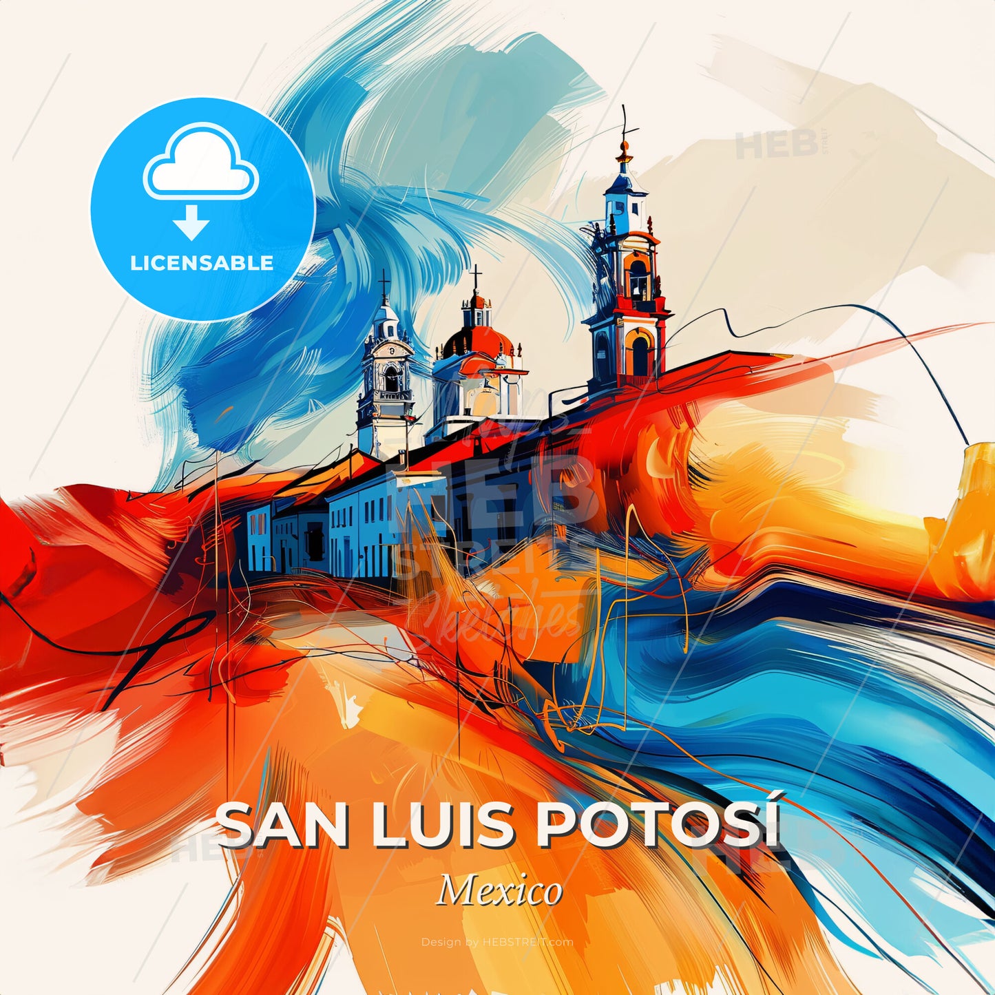 Vibrant San Luis Potosí, Mexico - A Painting Of A Building With Towers And A Colorful Background - Square format print template
