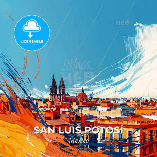 Vibrant San Luis Potosí, Mexico - A Colorful Cityscape With A Mountain In The Background - Square format print template