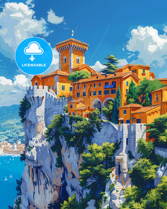 Vibrant Artwork: San Marino, Europe, Clifftop Building, Painting, Art Focus