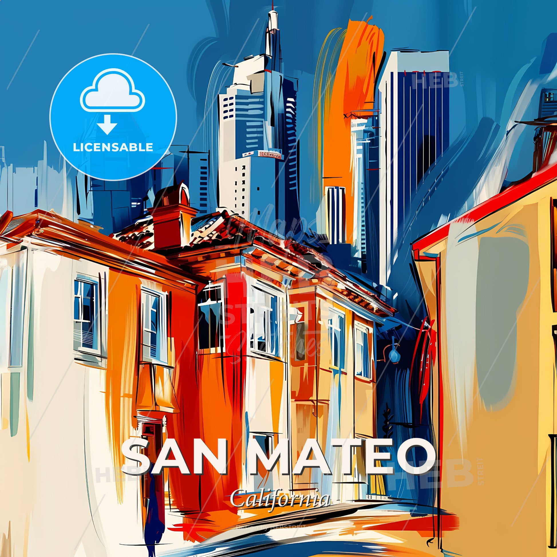 Vibrant San Mateo, California - A Colorful Cityscape With Buildings And A Blue Sky - Square format print template
