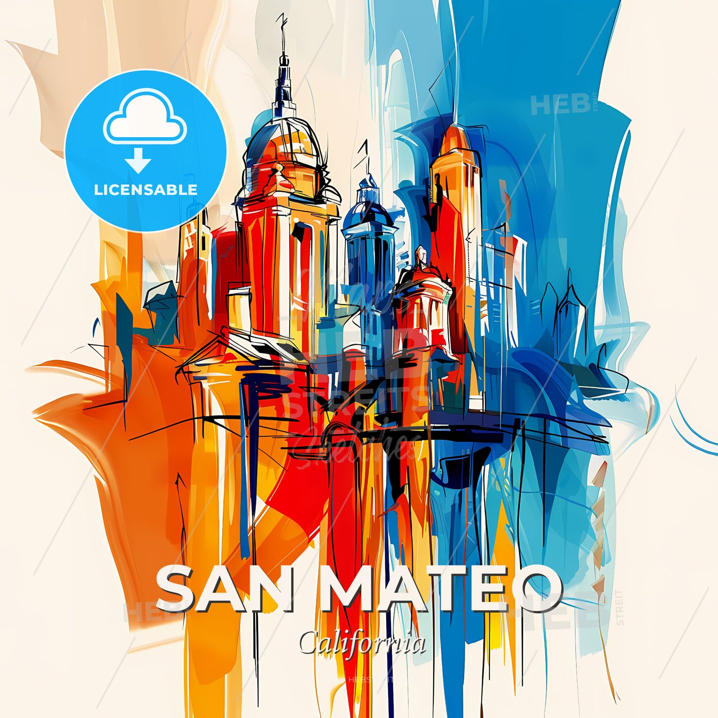 Vibrant San Mateo, California - A Colorful Cityscape With Towers And Spires - Square format print template