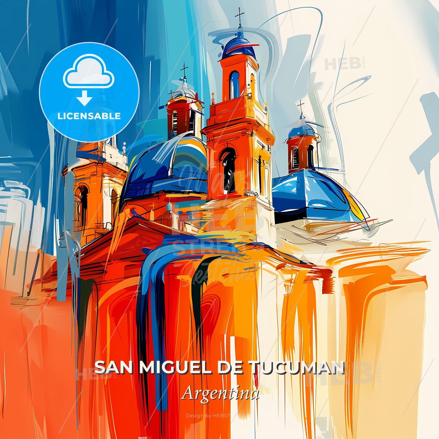 Vibrant San Miguel De Tucuman, Argentina - A Painting Of A Building With Blue Domes - Square format print template