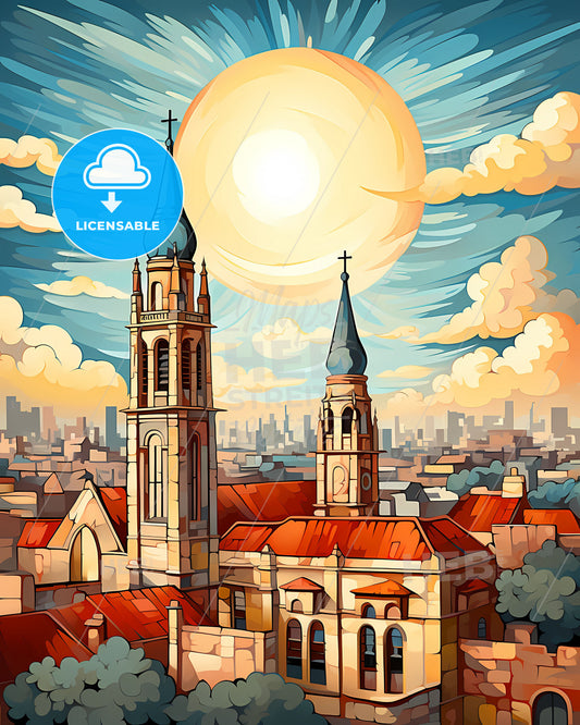 San Miguel de Tucuman Argentina Skyline Art Painting Church Vibrant Sun