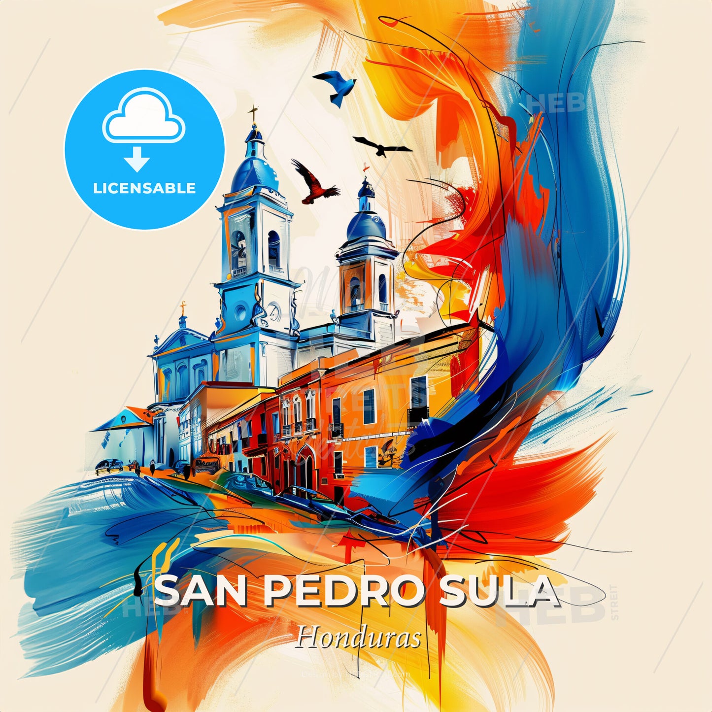 Vibrant San Pedro Sula, Honduras - A Painting Of A Building With A Colorful Background - Square format print template