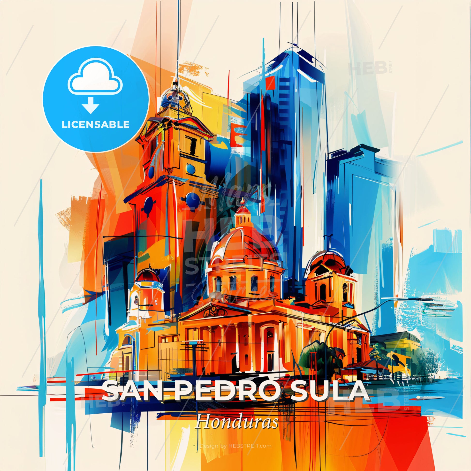 Vibrant San Pedro Sula, Honduras - A Painting Of A Building With A Colorful Background - Square format print template