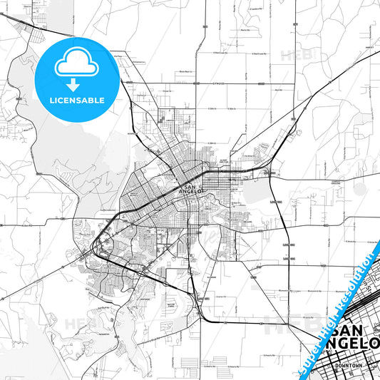 San Angelo, Texas light map with streetnames, citynames and districts