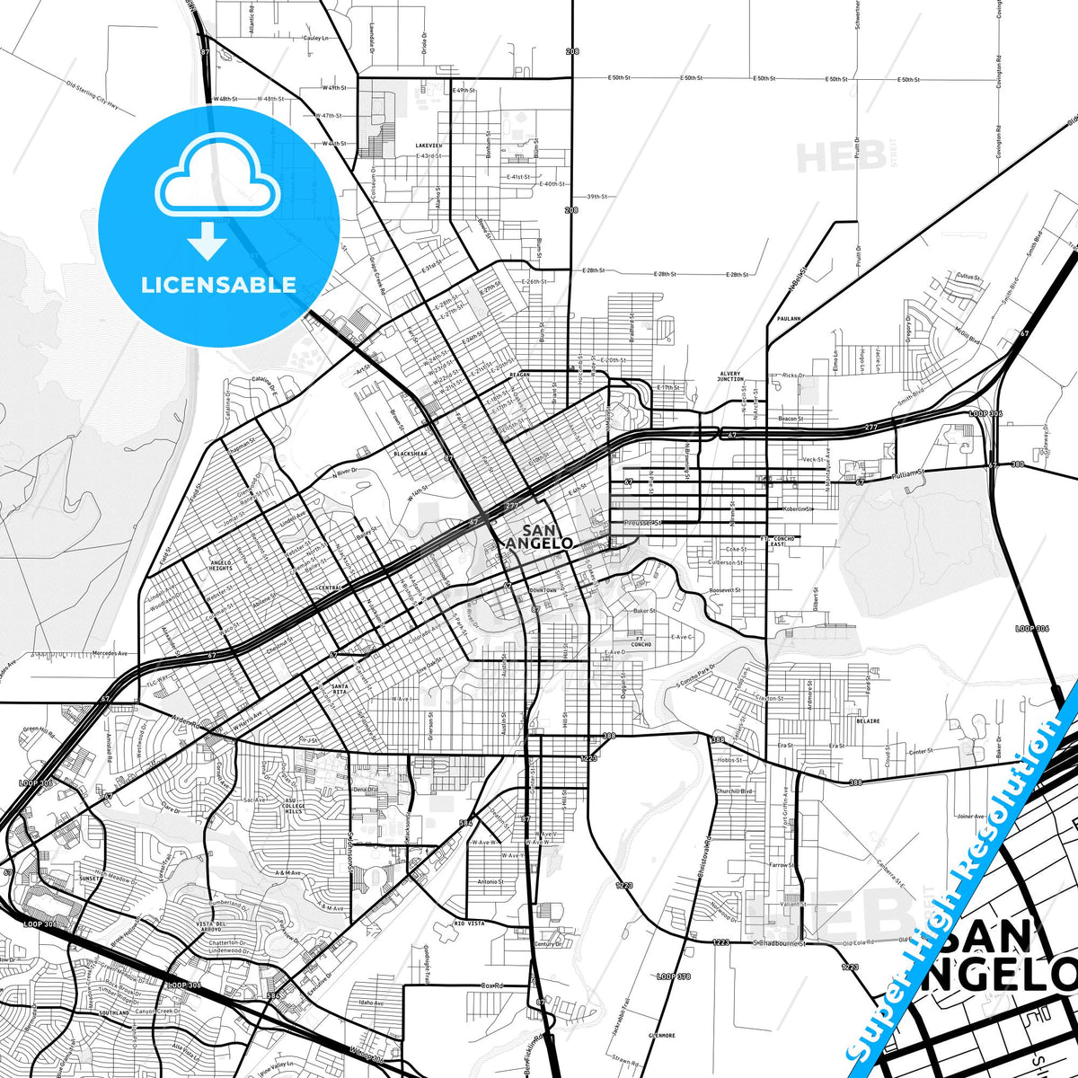 San Angelo, Texas Light Map with Street Names, City Names, and Districts