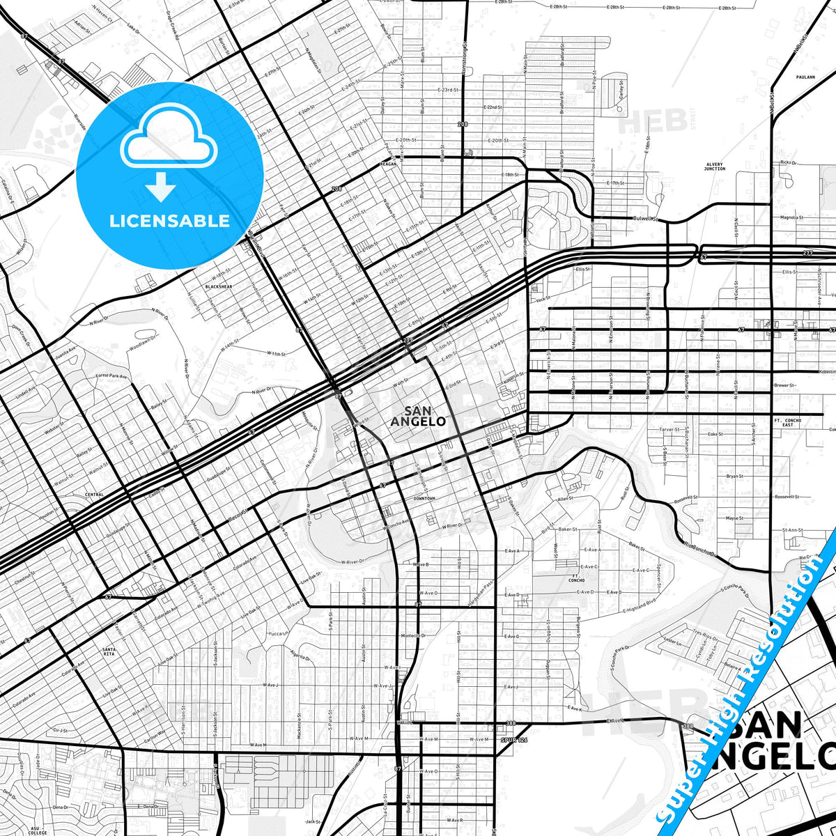 San Angelo, Texas Light Map with Street Names, City Names, and Districts