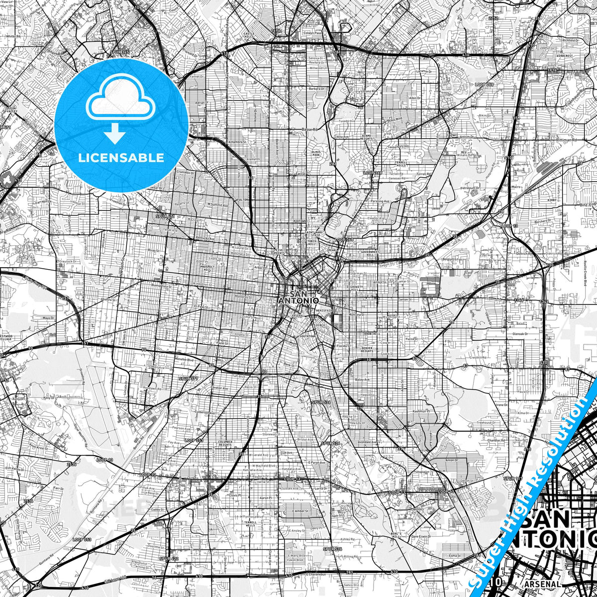 San Antonio, Texas light map with streetnames, citynames and districts