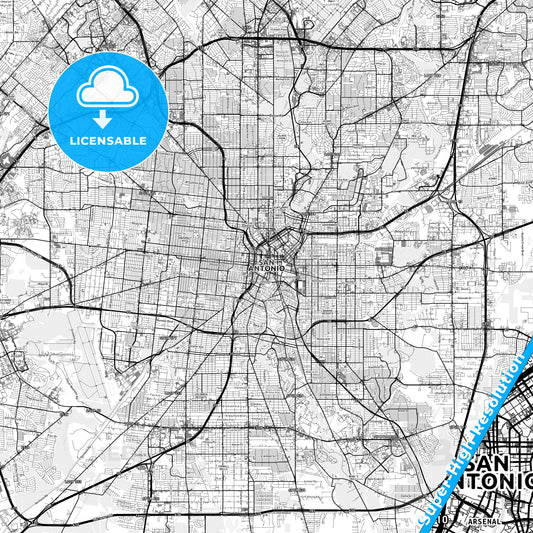 San Antonio, Texas light map with streetnames, citynames and districts
