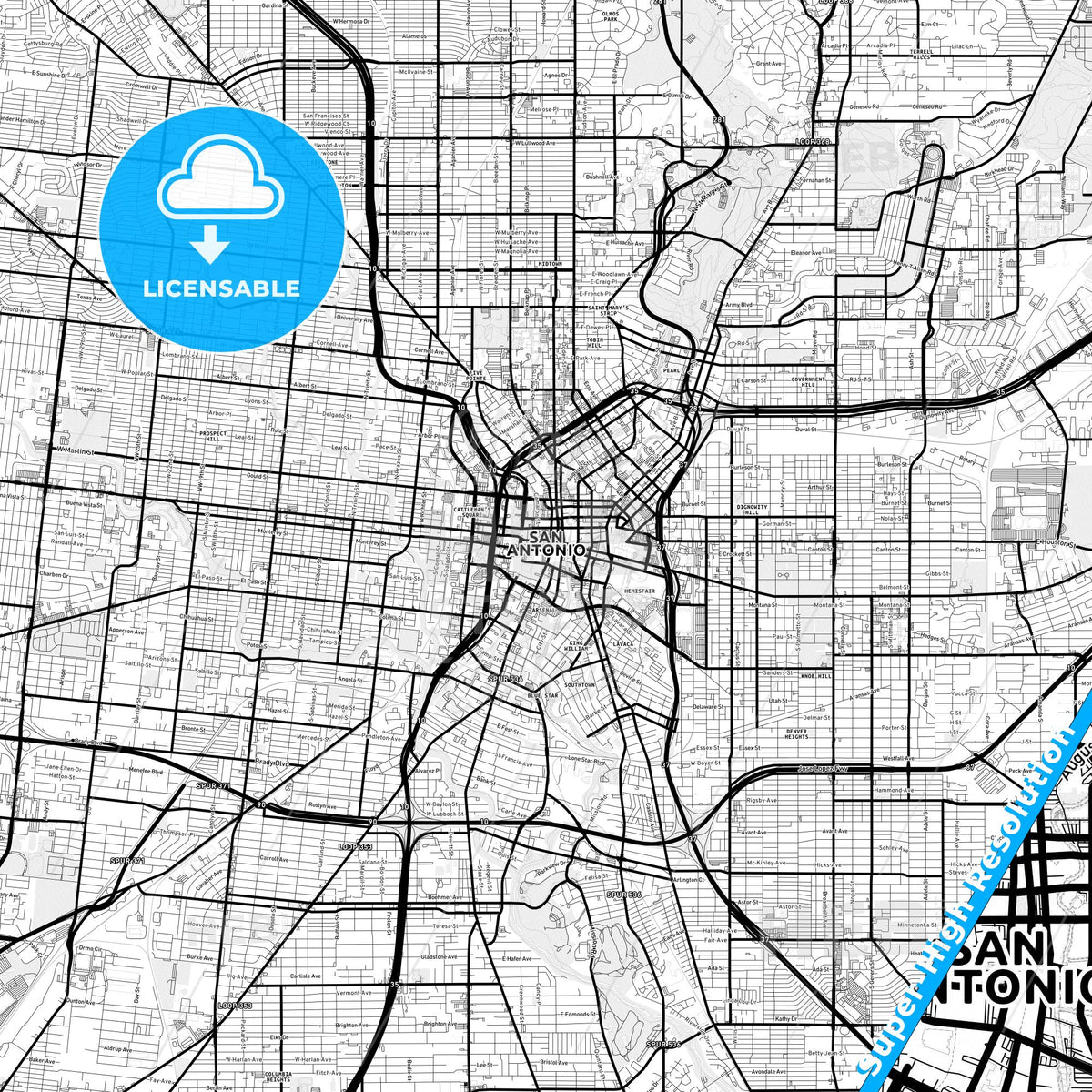 San Antonio, Texas Light Map with Street Names, City Names, and Districts