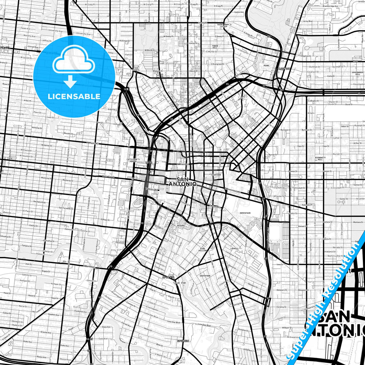 San Antonio, Texas Light Map with Street Names, City Names, and Districts