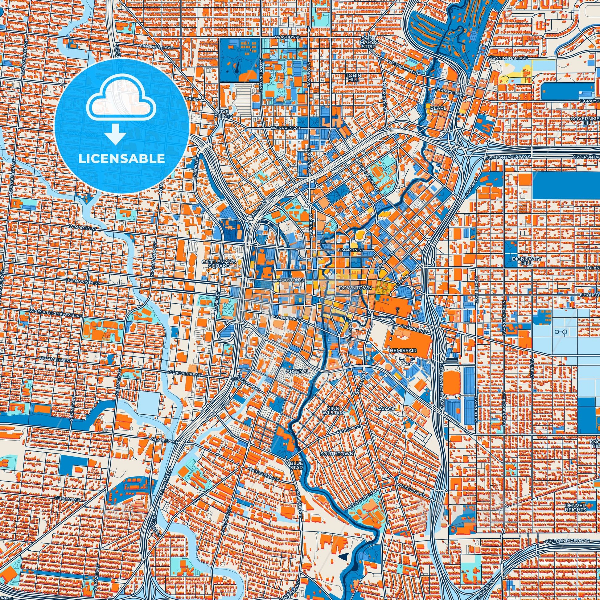 Colorful San Antonio Street Map with Labels and Buildings