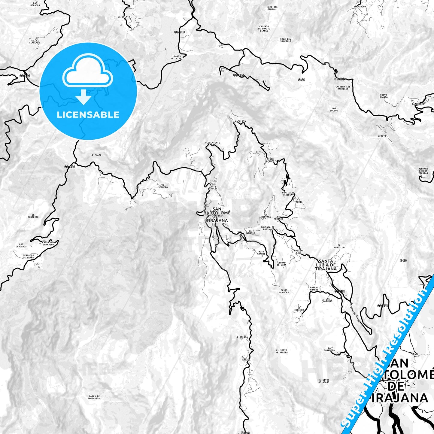 San Bartolomé de Tirajana, Spain Light Map with Street Names, City Names, and Districts