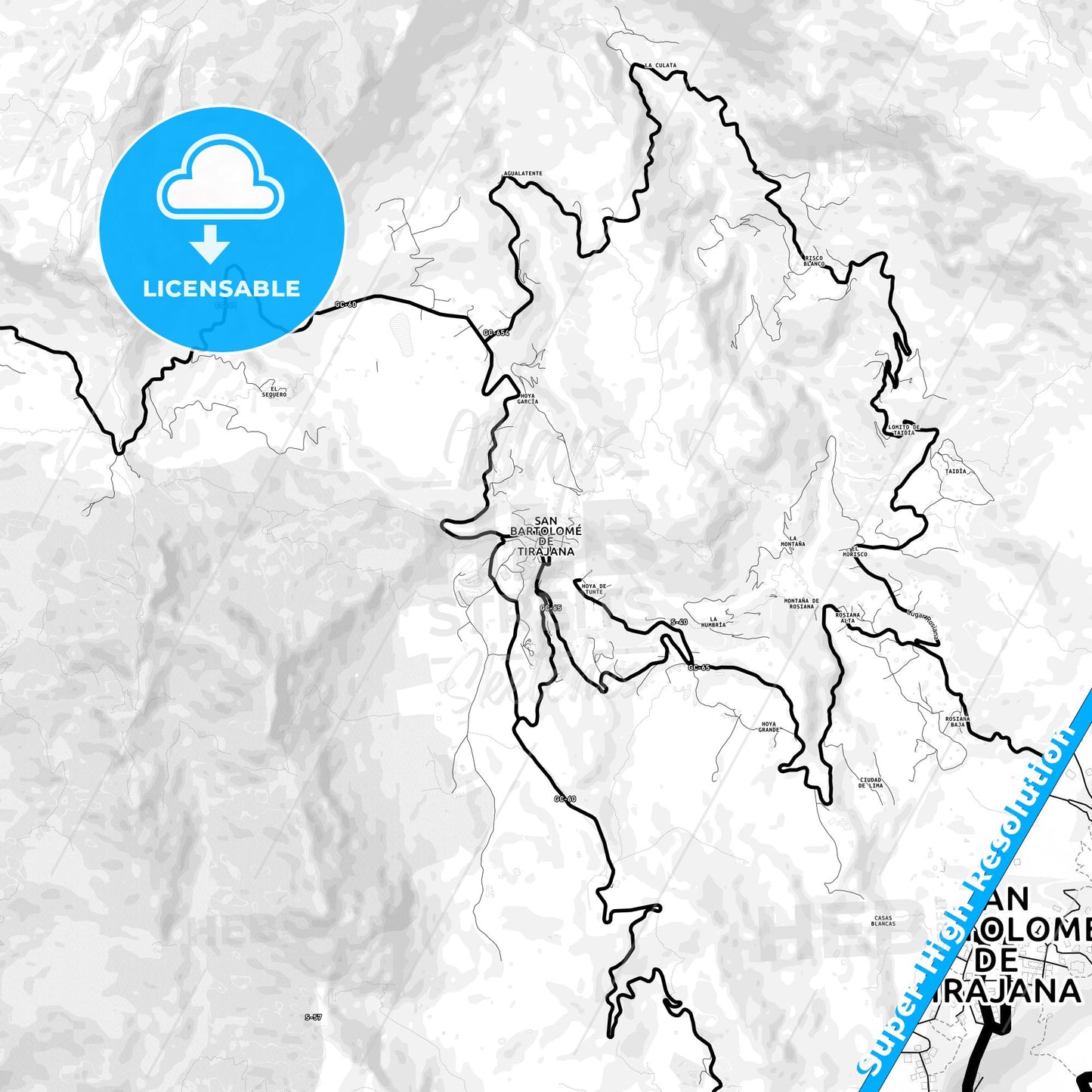 San Bartolomé de Tirajana, Spain Light Map with Street Names, City Names, and Districts