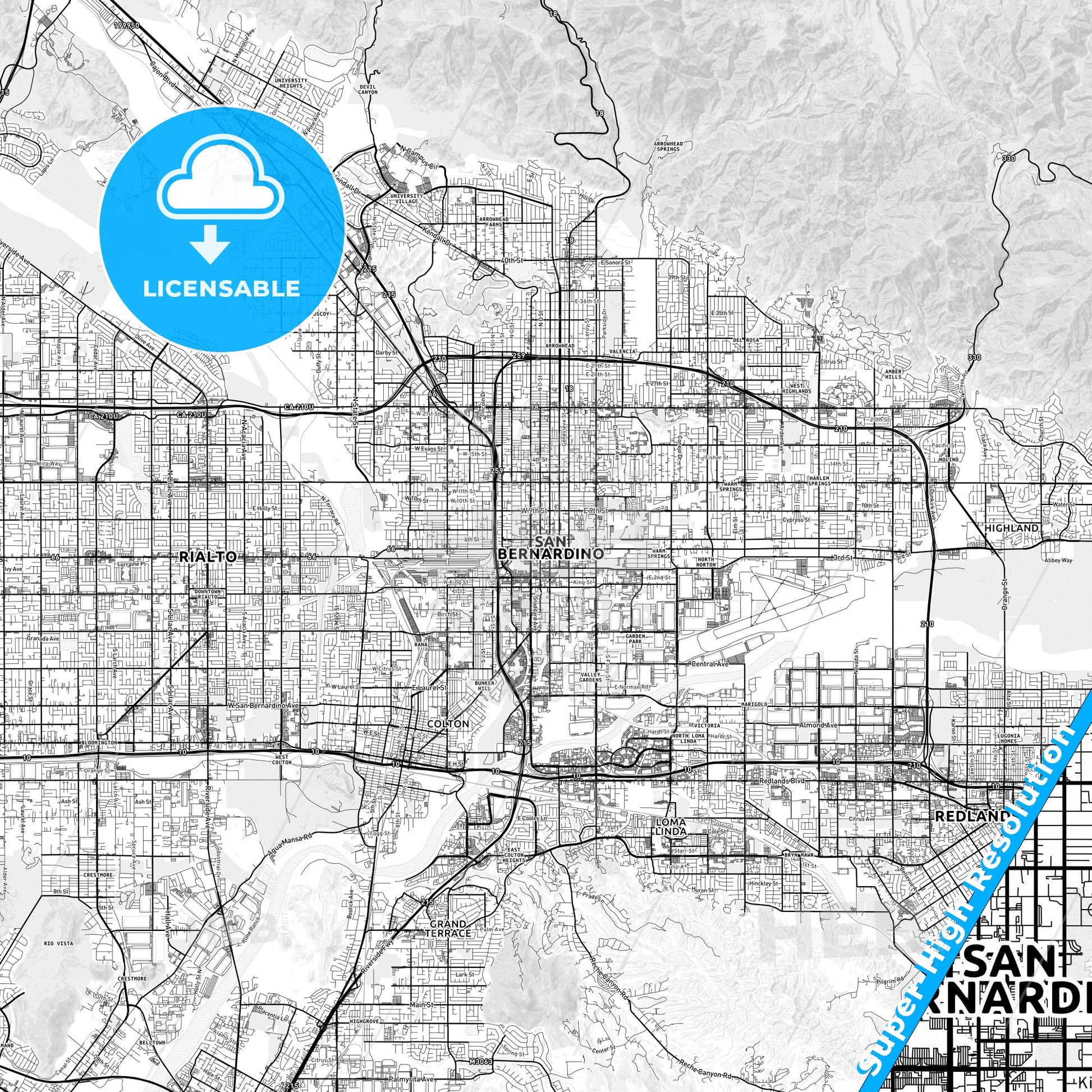 San Bernardino, California light map with streetnames, citynames and districts