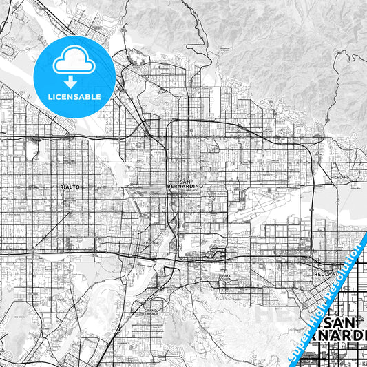 San Bernardino, California light map with streetnames, citynames and districts